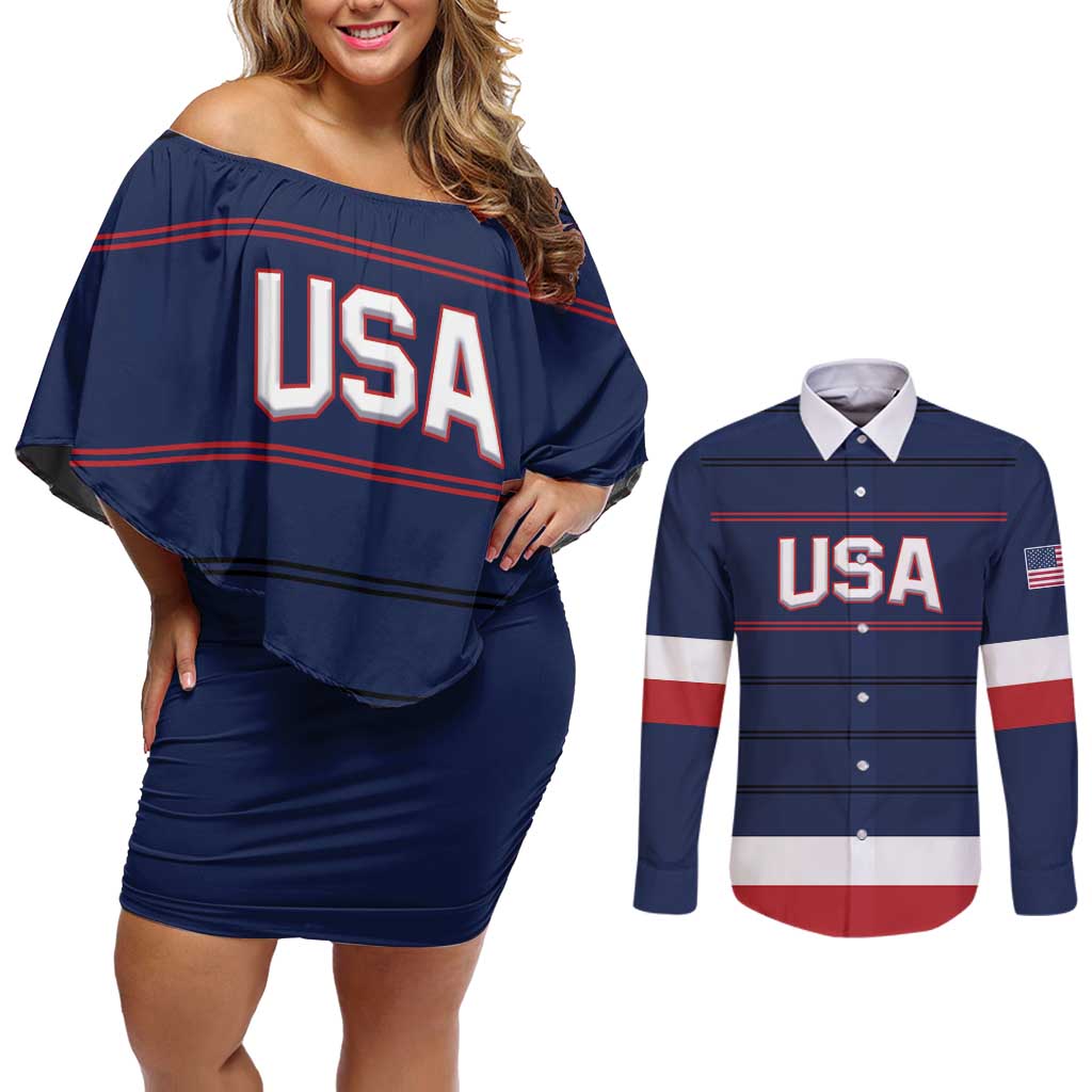 Custom USA Hockey Team Couples Matching Off Shoulder Short Dress and Long Sleeve Button Shirt Go Champions