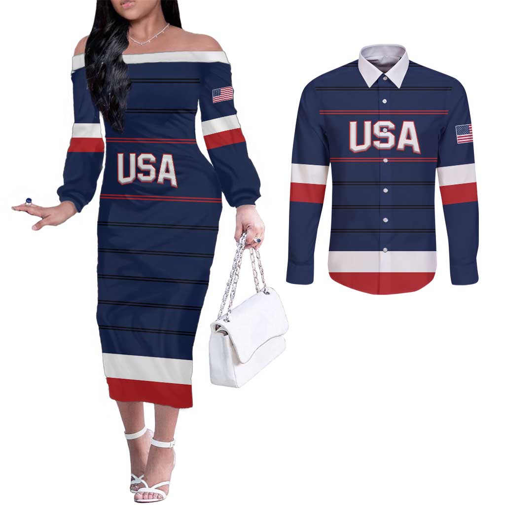 Custom USA Hockey Team Couples Matching Off The Shoulder Long Sleeve Dress and Long Sleeve Button Shirt Go Champions