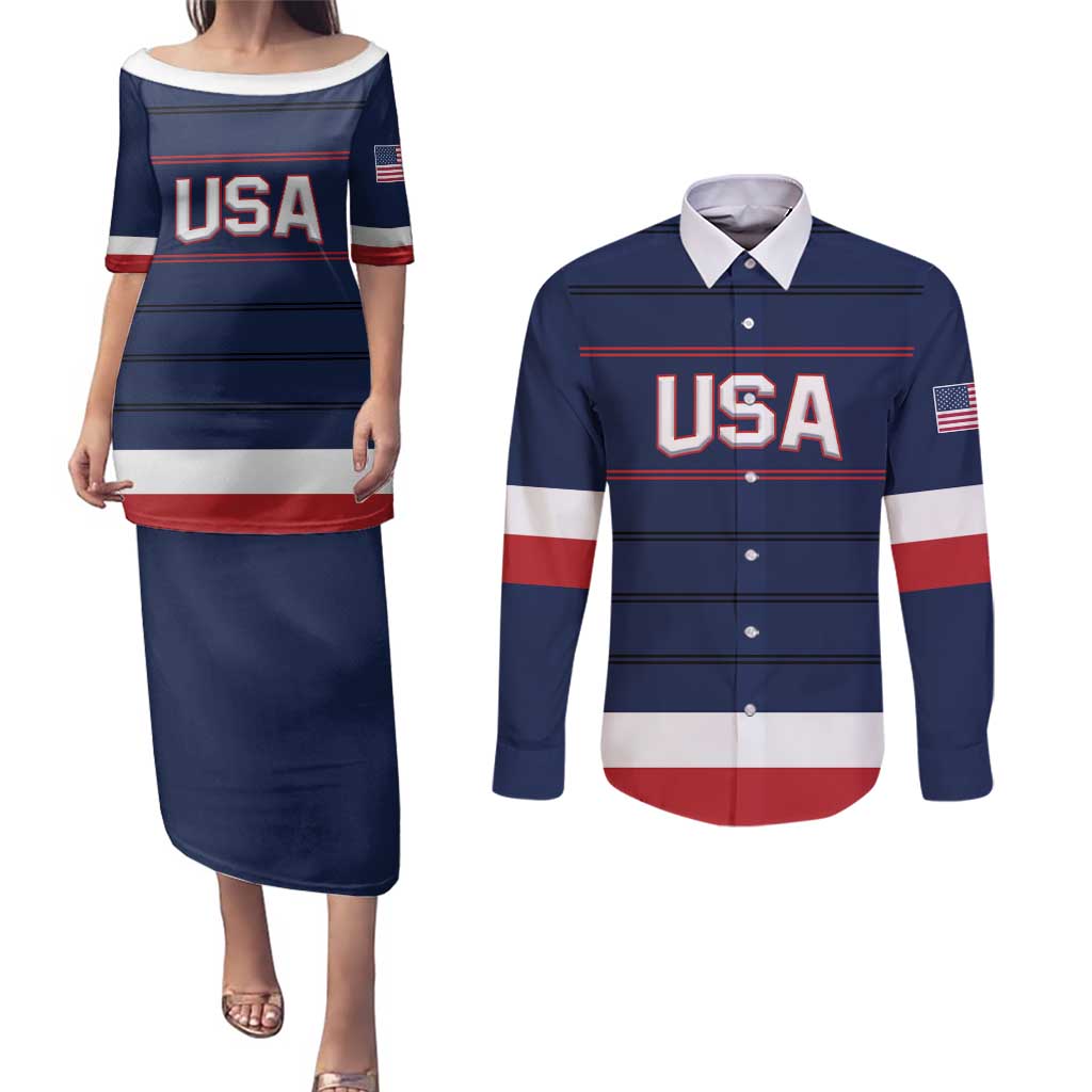 Custom USA Hockey Team Couples Matching Puletasi and Long Sleeve Button Shirt Go Champions