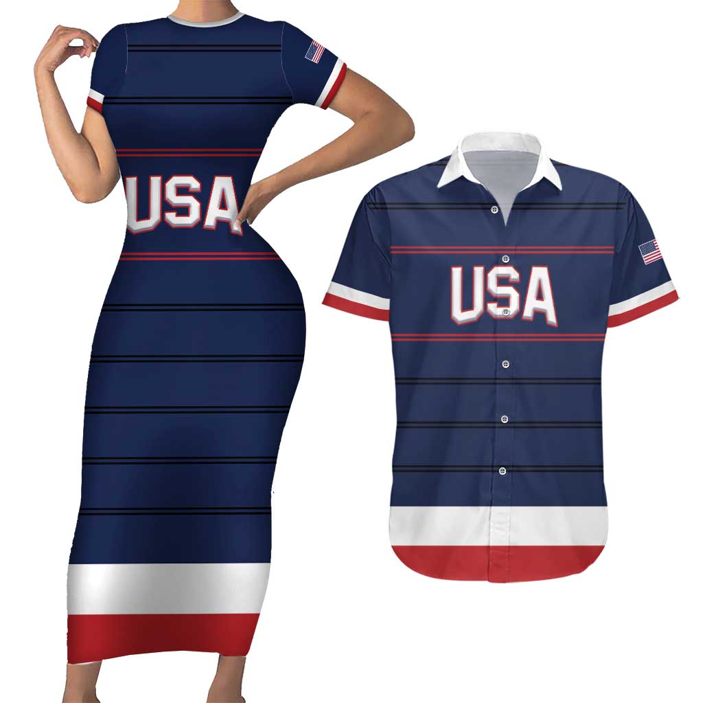 Custom USA Hockey Team Couples Matching Short Sleeve Bodycon Dress and Hawaiian Shirt Go Champions