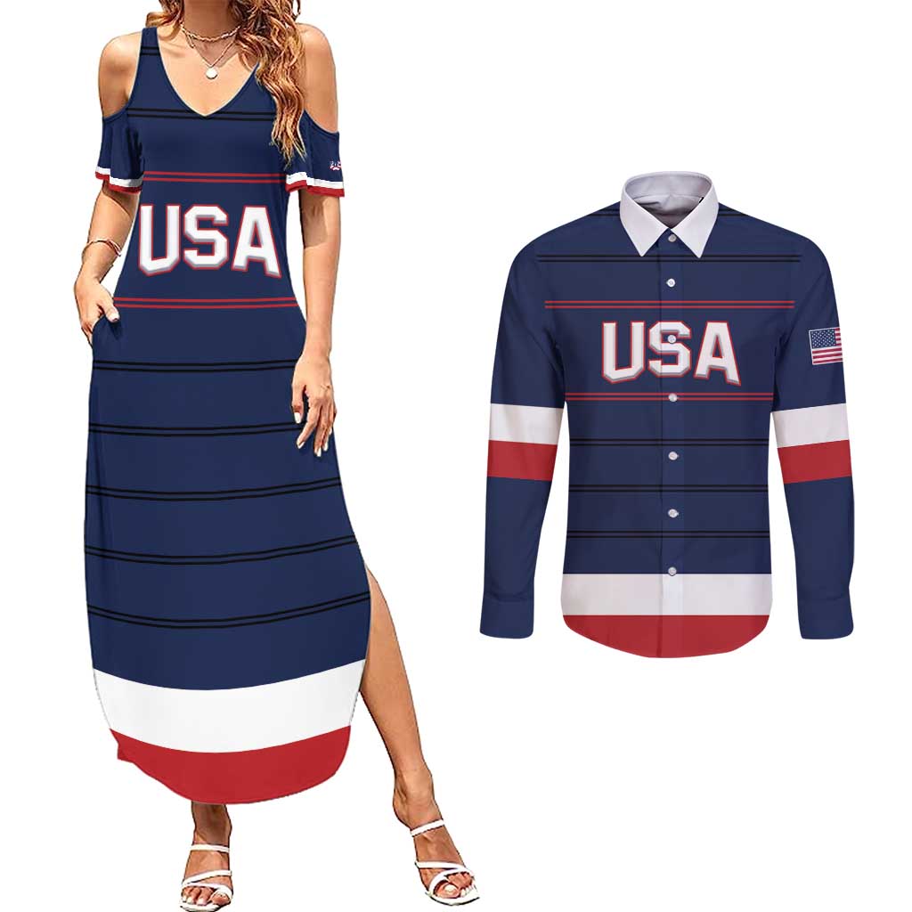 Custom USA Hockey Team Couples Matching Summer Maxi Dress and Long Sleeve Button Shirt Go Champions