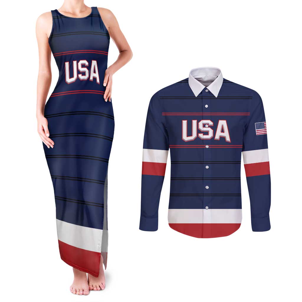 Custom USA Hockey Team Couples Matching Tank Maxi Dress and Long Sleeve Button Shirt Go Champions