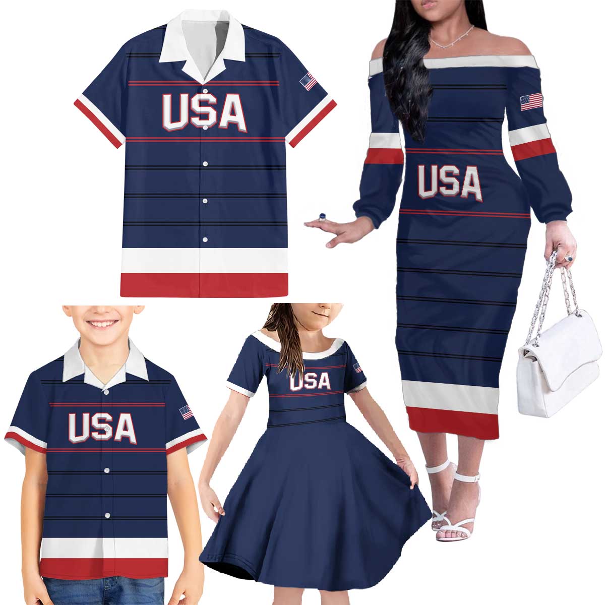 Custom USA Hockey Team Family Matching Off The Shoulder Long Sleeve Dress and Hawaiian Shirt Go Champions