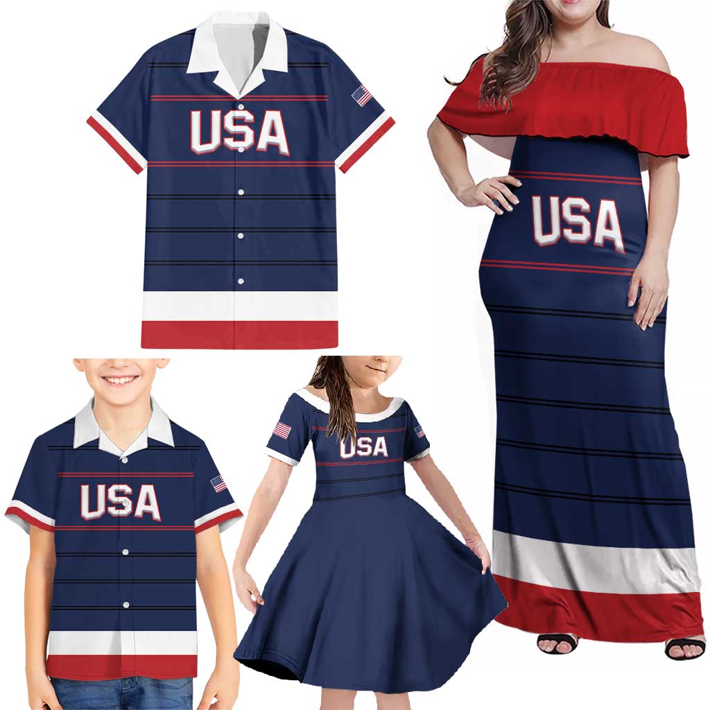 Custom USA Hockey Team Family Matching Off Shoulder Maxi Dress and Hawaiian Shirt Go Champions