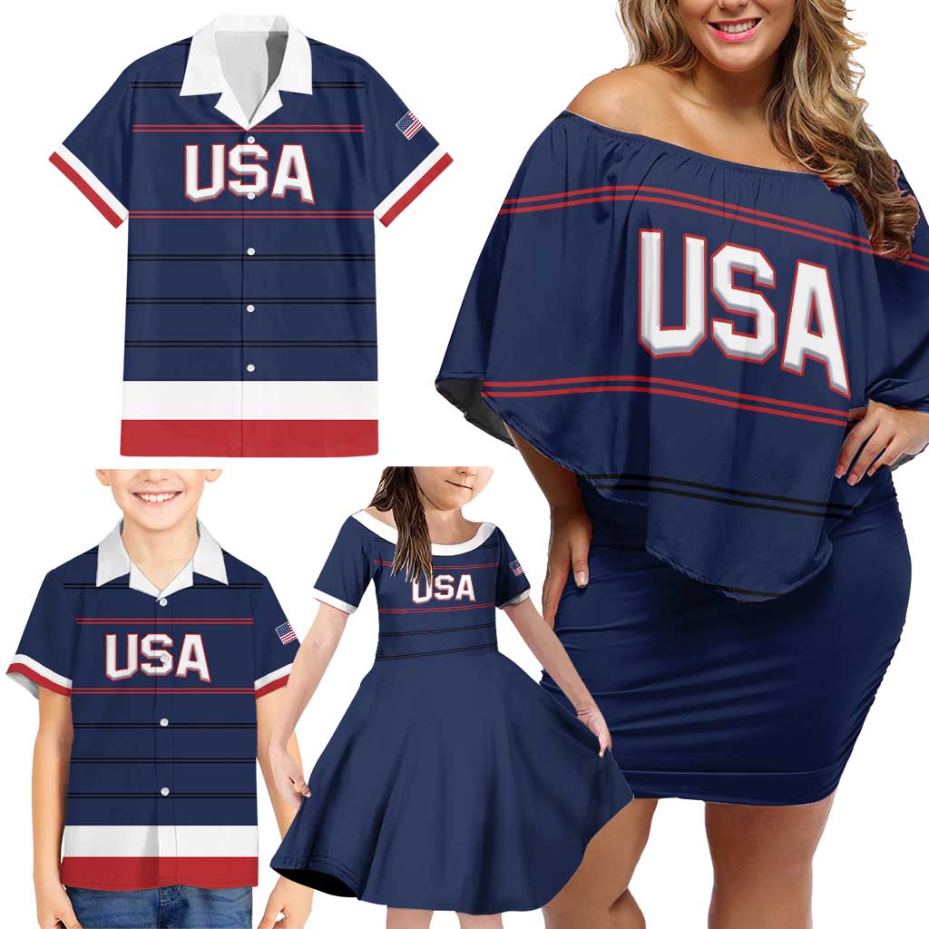 Custom USA Hockey Team Family Matching Off Shoulder Short Dress and Hawaiian Shirt Go Champions