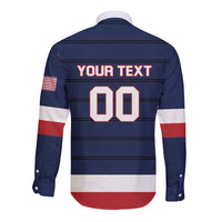 Blue hockey long sleeve button shirt, back graphic with 'YOUR TEXT' and '00' plus flag
