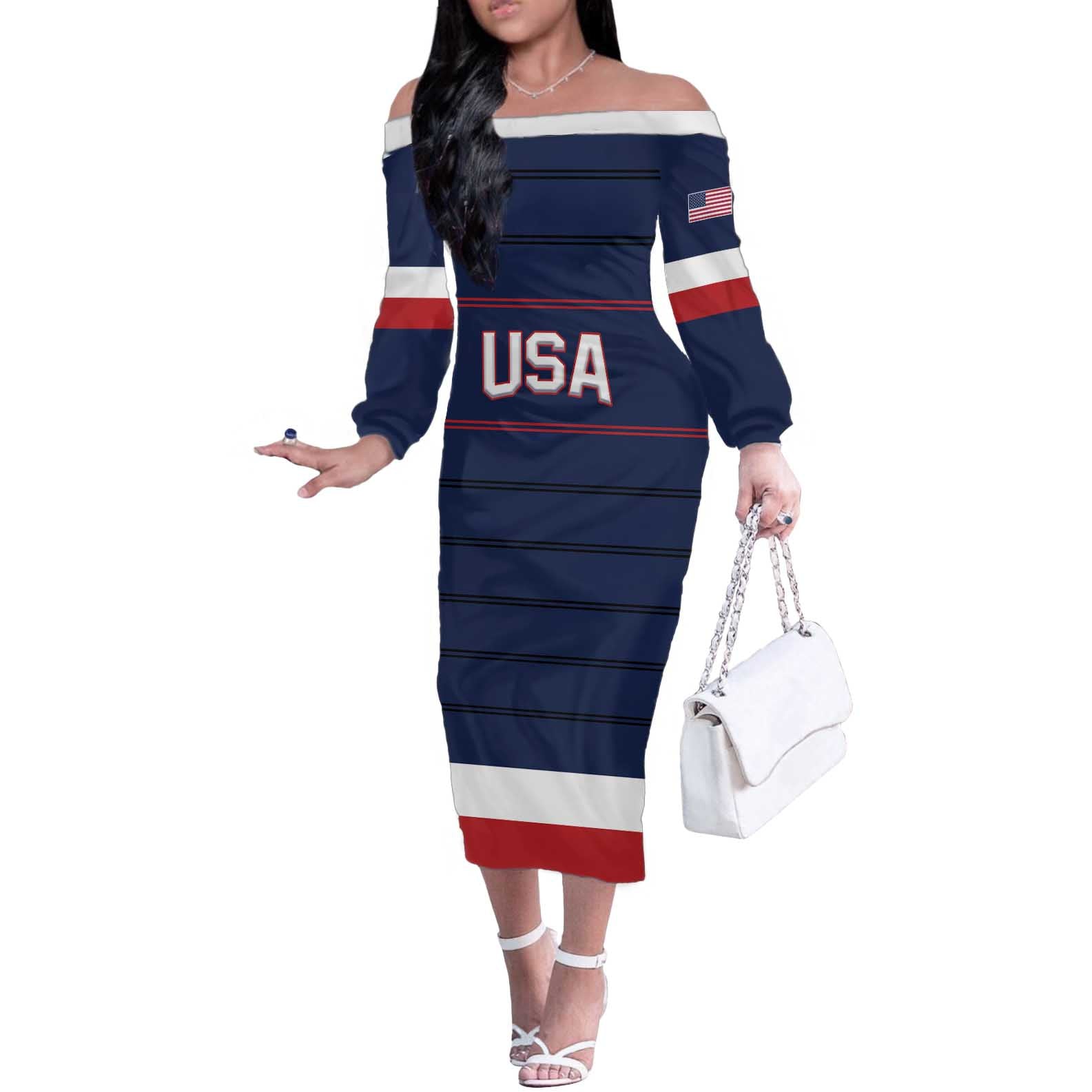 Custom USA Hockey Team Off The Shoulder Long Sleeve Dress Go Champions