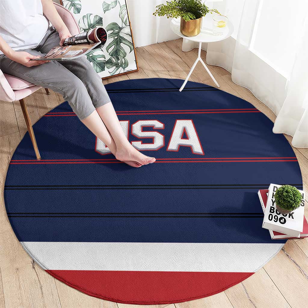 Round blue USA logo carpet with red and white edge trim, full design visible