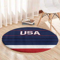 Round blue USA logo carpet with red bottom edge and white border ring