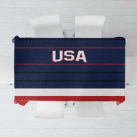 USA ice hockey tablecloth with navy blue stripes, red border, and USA logo