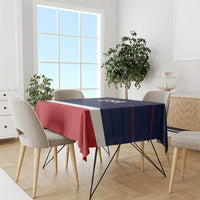 Navy and red USA ice hockey tablecloth with striped design over a dining table