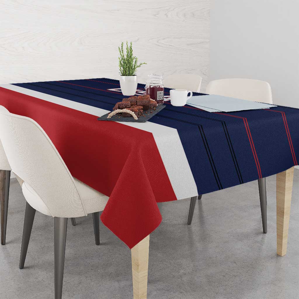 USA ice hockey tablecloth with navy, white, and red stripes draped over tabletop