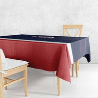 Draped USA ice hockey tablecloth with navy top band and red center panel