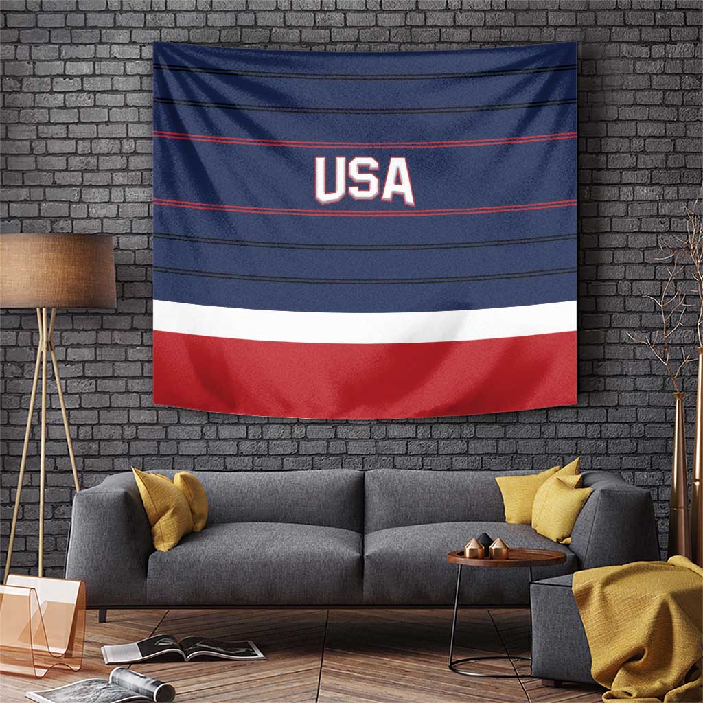 Blue USA ice hockey tapestry with red stripes and white bottom band