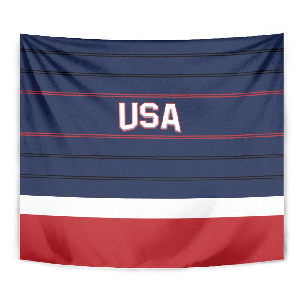 Close-up USA ice hockey tapestry: blue horizontal stripes with red lines and red base