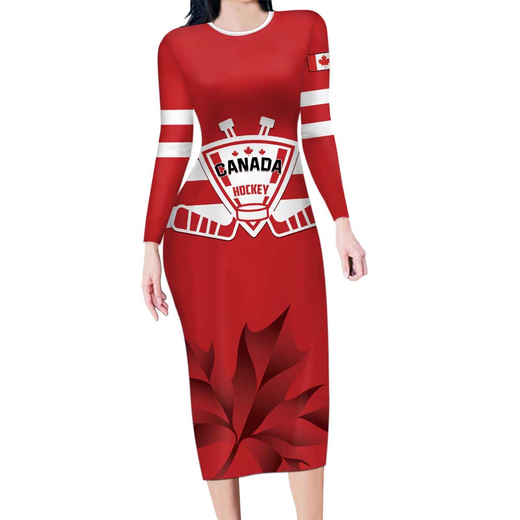 Custom Canada Hockey Team Long Sleeve Bodycon Dress Maple Leaf Red Version