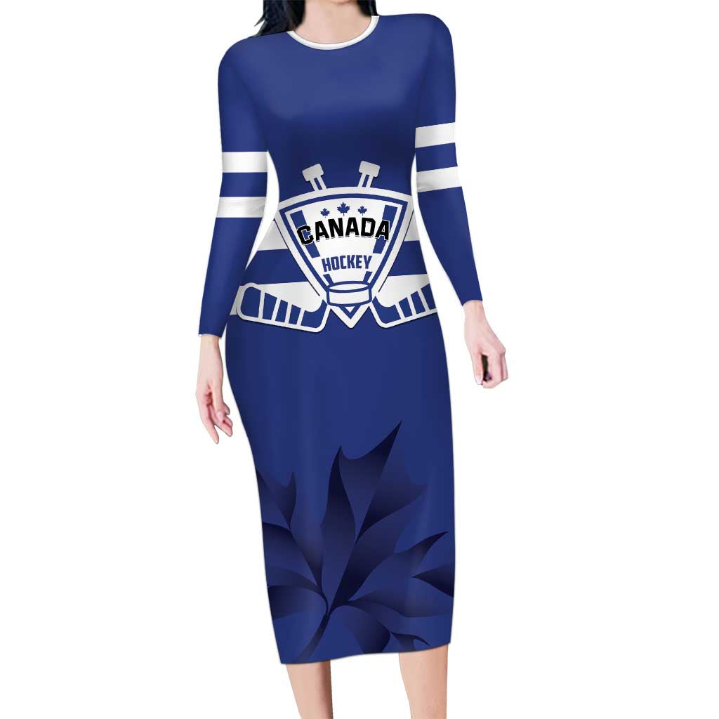 Custom Canada Hockey Team Long Sleeve Bodycon Dress Maple Leaf Blue Version