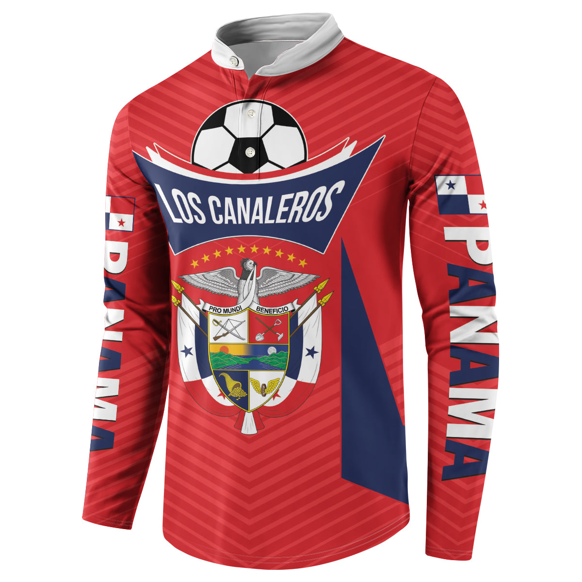 Red football button sweatshirt with Los Canaleros crest and flag-style sleeve panels