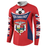 Red football button sweatshirt with Los Canaleros crest and flag-style sleeve panels
