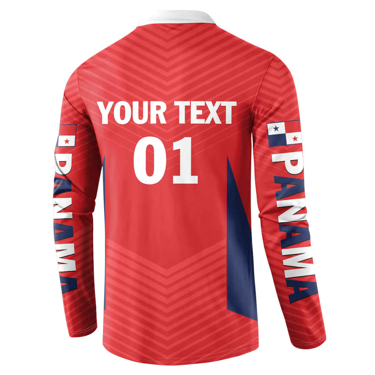 Red football button sweatshirt with 'YOUR TEXT 01' back and Panama sleeve text