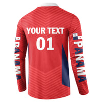 Red football button sweatshirt with 'YOUR TEXT 01' back and Panama sleeve text
