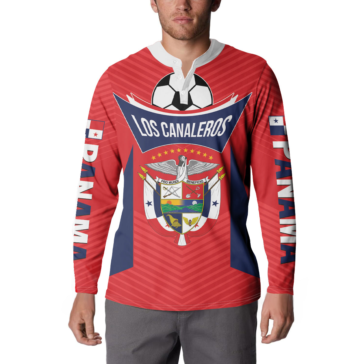 Red football button sweatshirt with Los Canaleros crest, long sleeves, and button collar
