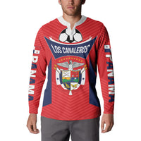 Red football button sweatshirt with Los Canaleros crest, long sleeves, and button collar