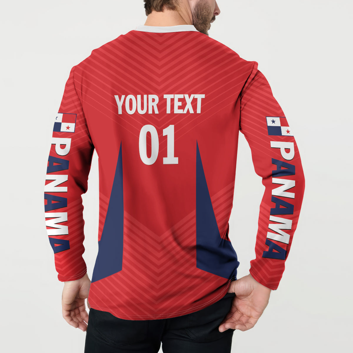Red football button sweatshirt with 'YOUR TEXT 01' back and Panama sleeve print