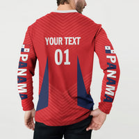 Red football button sweatshirt with 'YOUR TEXT 01' back and Panama sleeve print