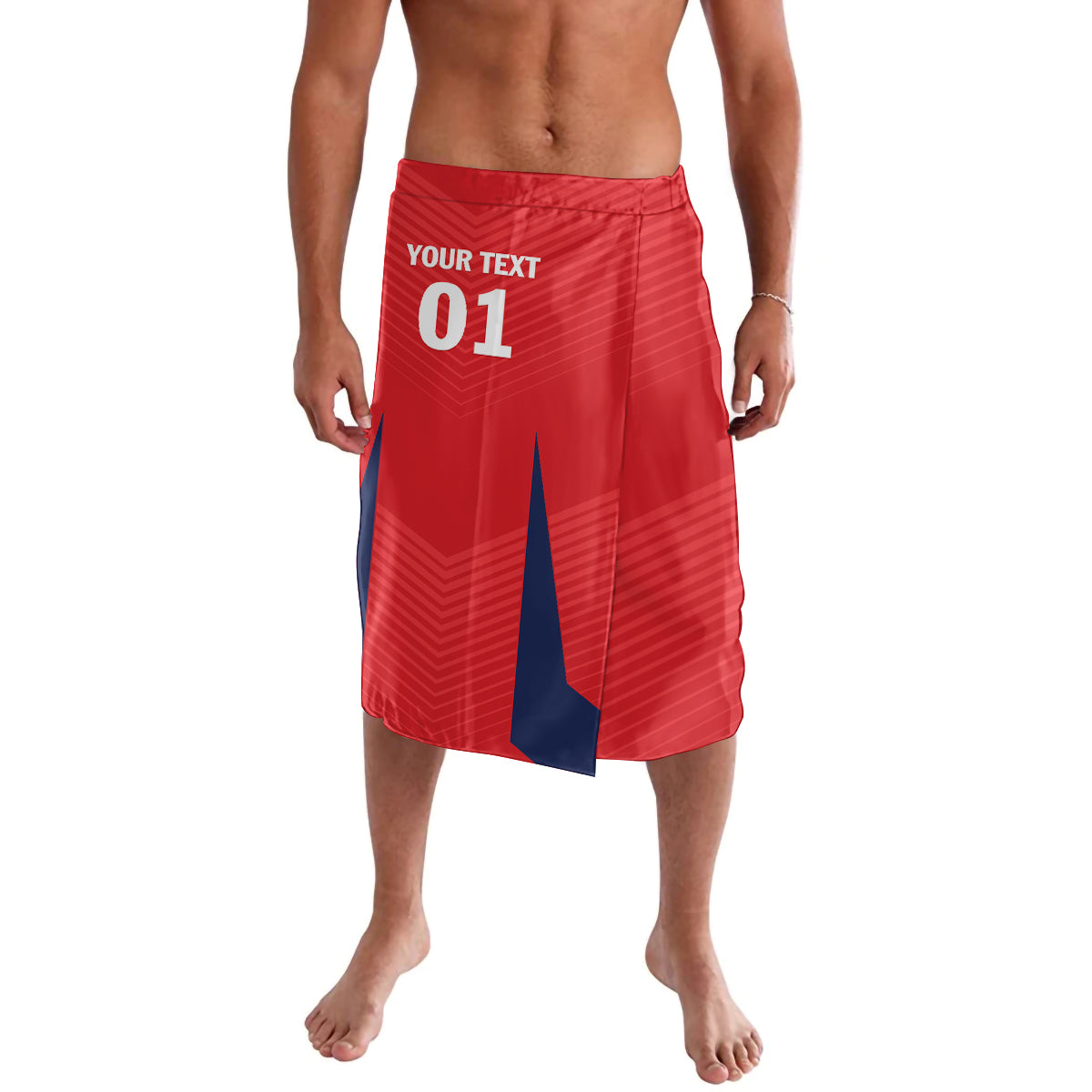 Red football shorts with navy side panels, 'YOUR TEXT' and '01' print