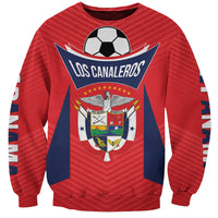 Red football sweatshirt, crewneck, long sleeves, front crest with soccer ball and Los Canaleros