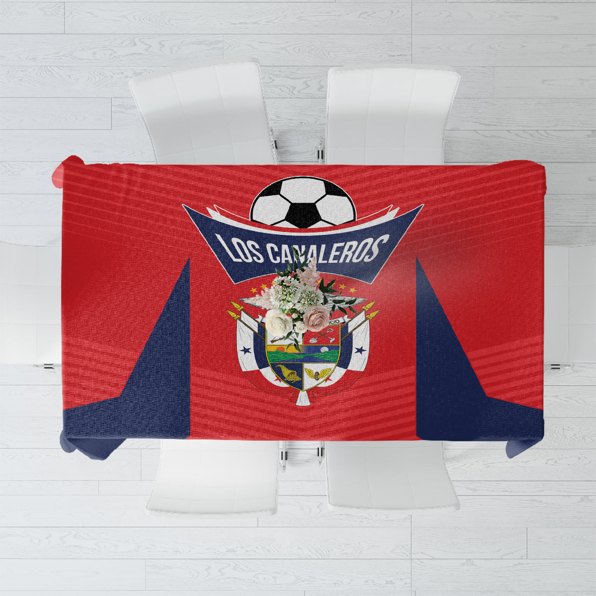 Red football tablecloth with soccer ball and Los Canaleros text logo