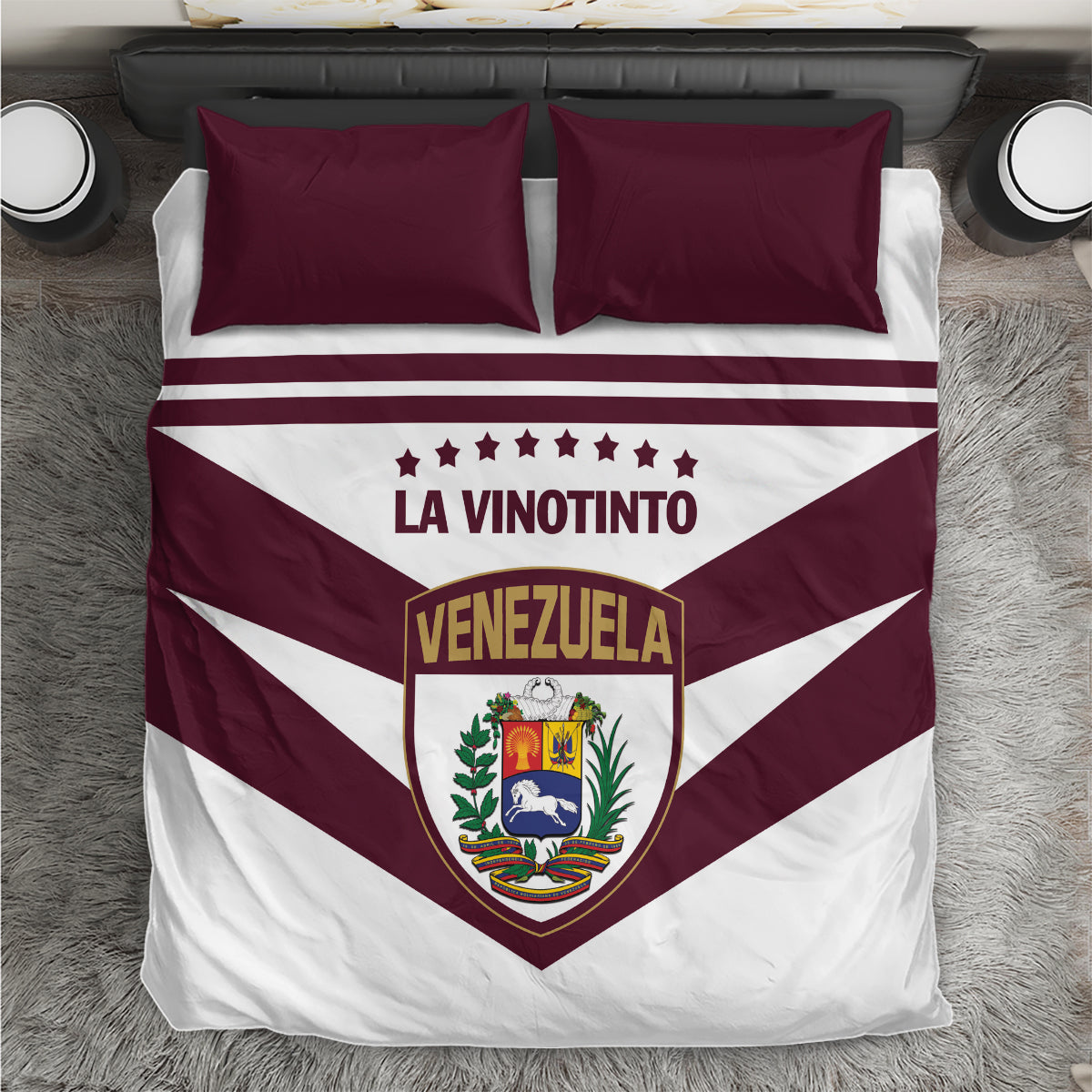 Venezuela 2024 football bedding set, close view: maroon-and-white stripes with crest emblem