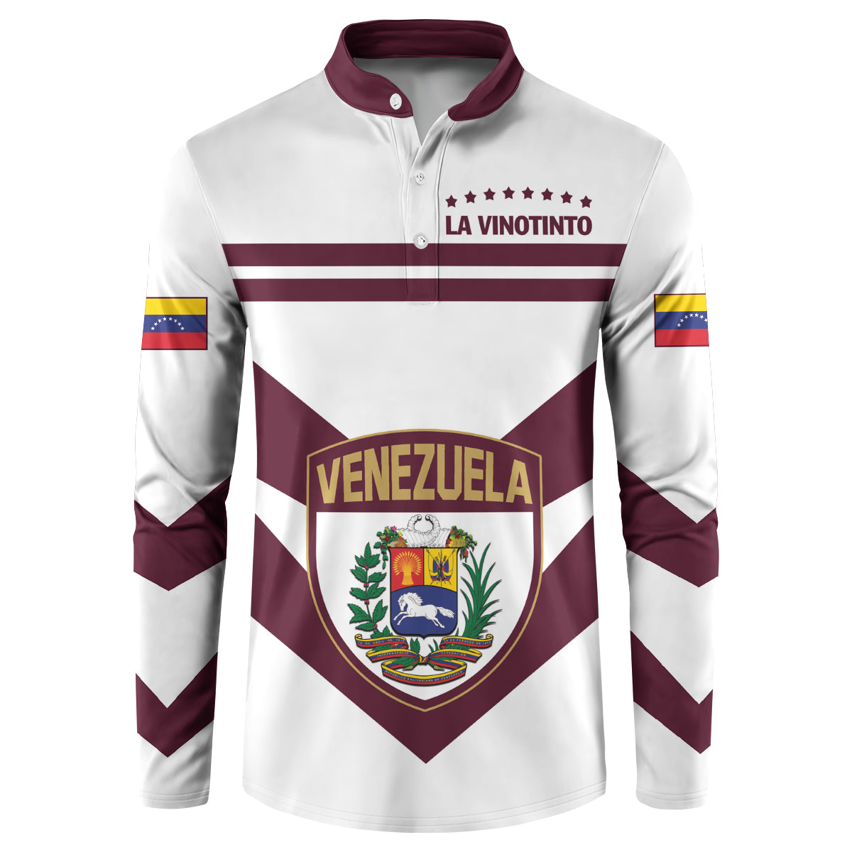 White football button sweatshirt with maroon collar, La Vinotinto logo and Venezuela crest