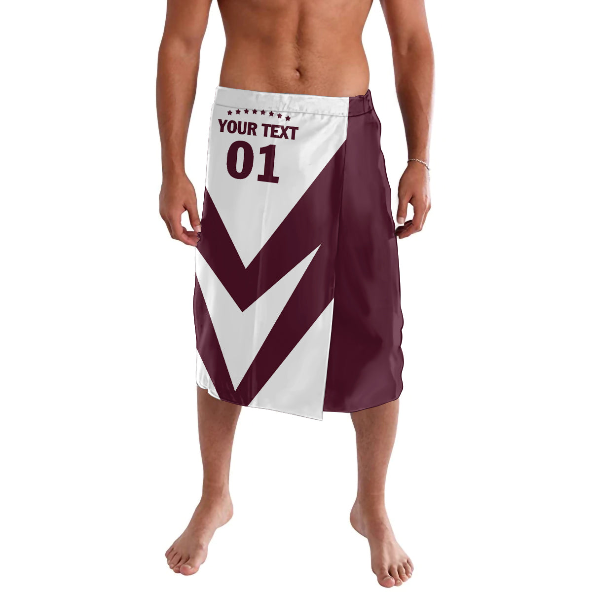 Personalized football lavalava with white front panel, maroon V chevrons and '01'