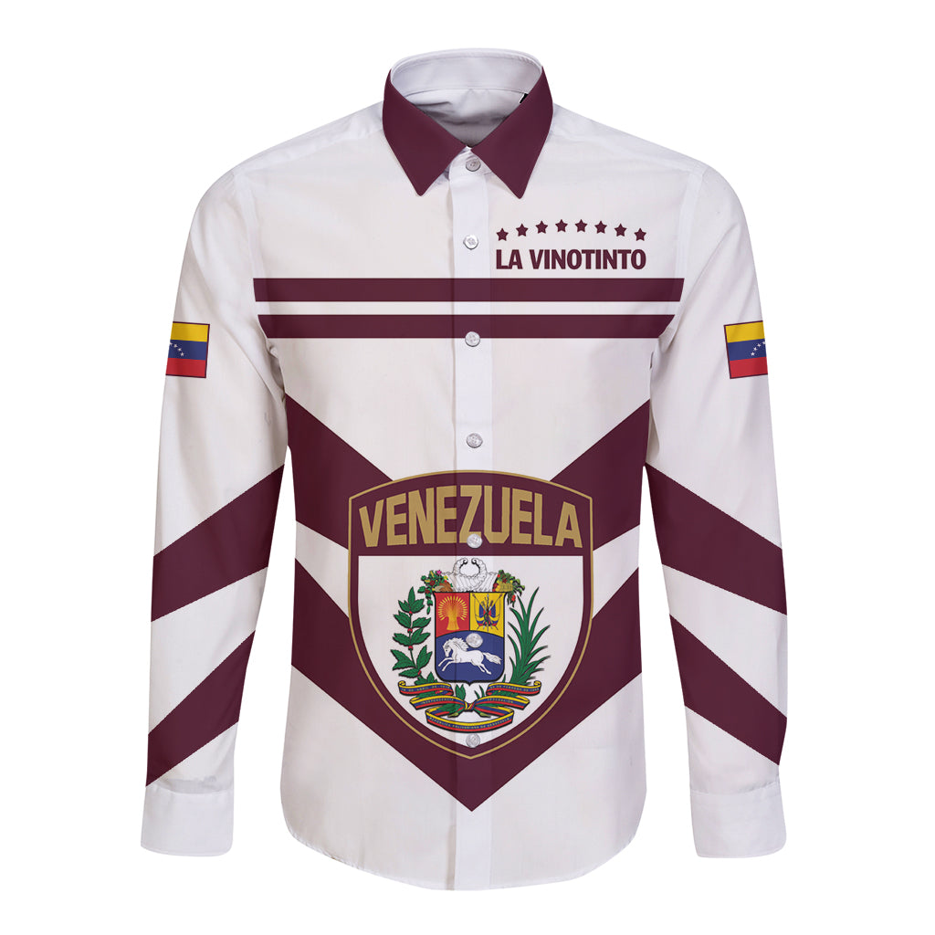 White long-sleeve button football shirt with maroon striped crest, 'LA VINOTINTO' front.