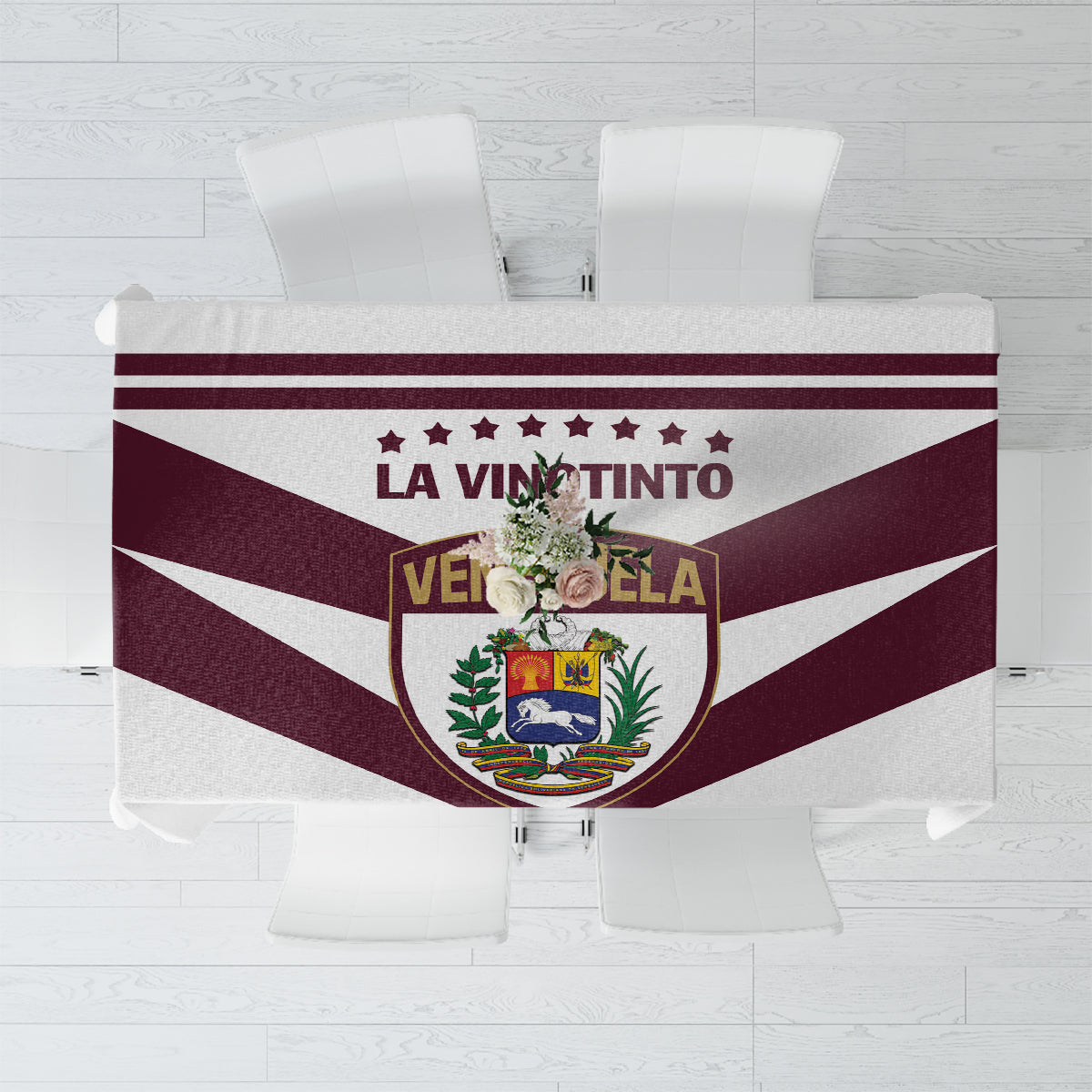 White football tablecloth with maroon stripes, Venezuela crest, and “LA VINOTINTO”