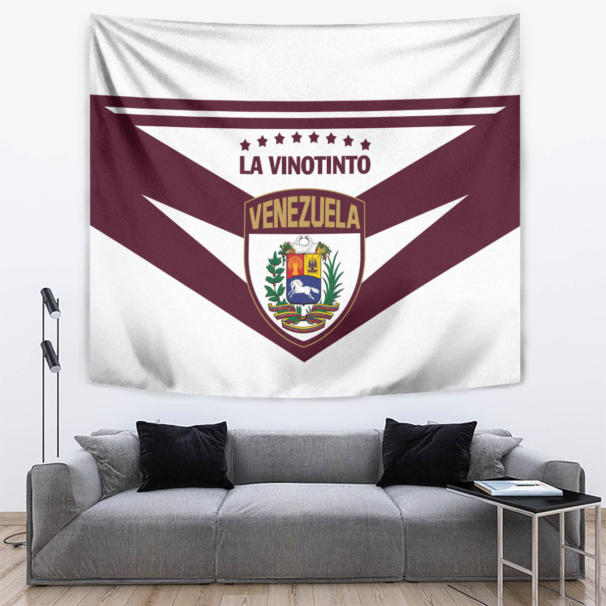 Venezuela football tapestry hanging on wall with maroon triangle stripes, shield crest, “LA VINOTINTO”