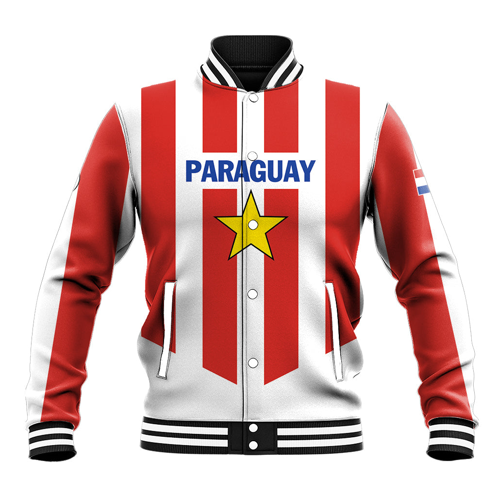 Red and white striped football baseball jacket with Paraguay emblem on front
