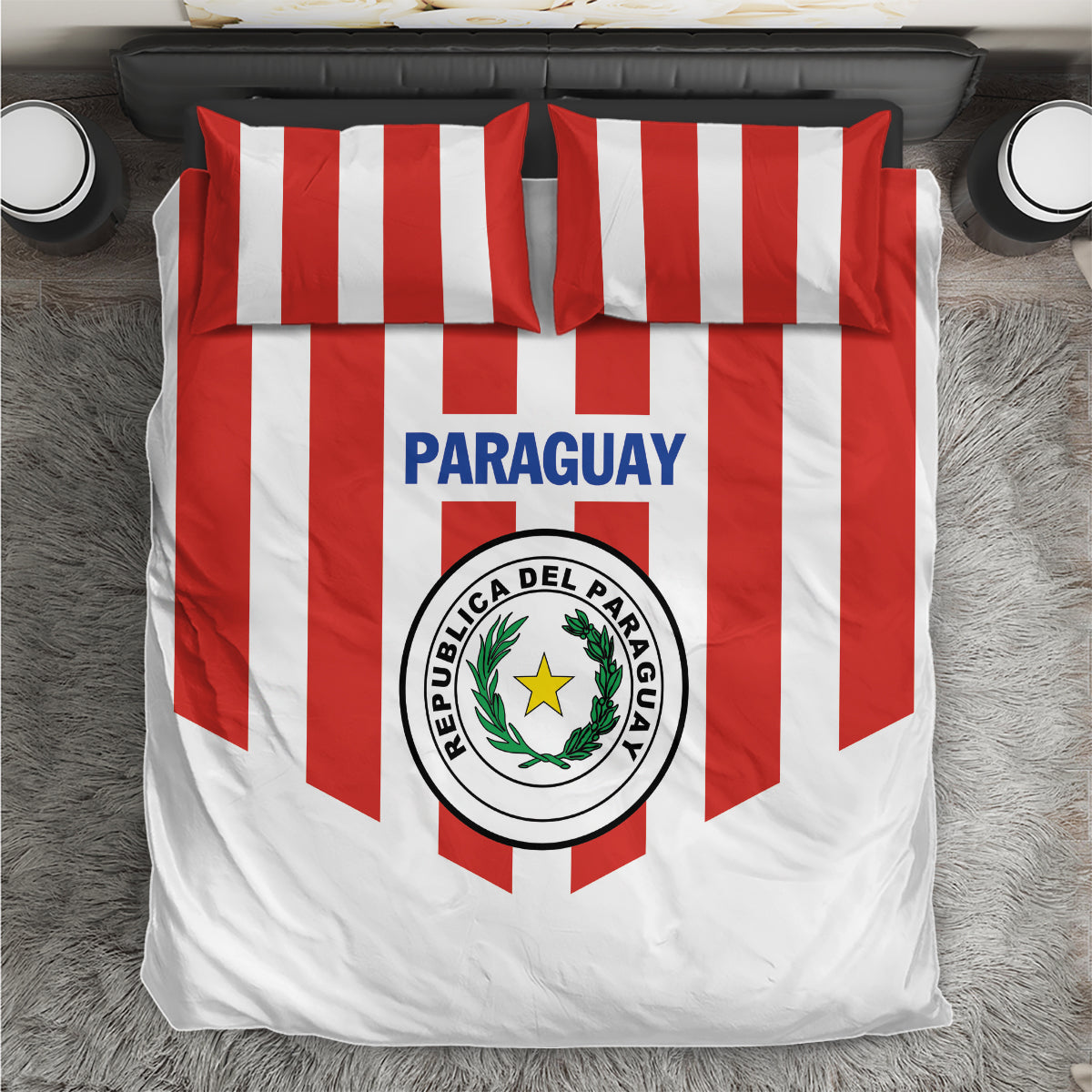 Paraguay 2024 football bedding set, red-and-white striped bedding with Paraguay crest on front