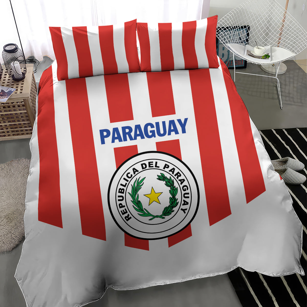 Paraguay 2024 football bedding set featuring Paraguay text and circular crest on striped duvet