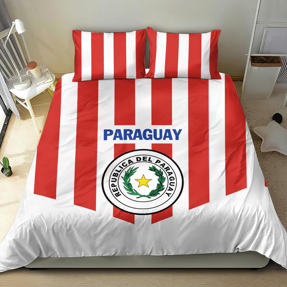 Paraguay 2024 football bedding set with red-and-white striped duvet and two matching pillows