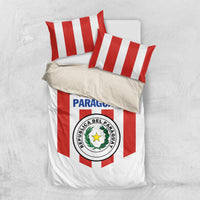 Paraguay 2024 football bedding set shown flat: red-white striped duvet with crest design