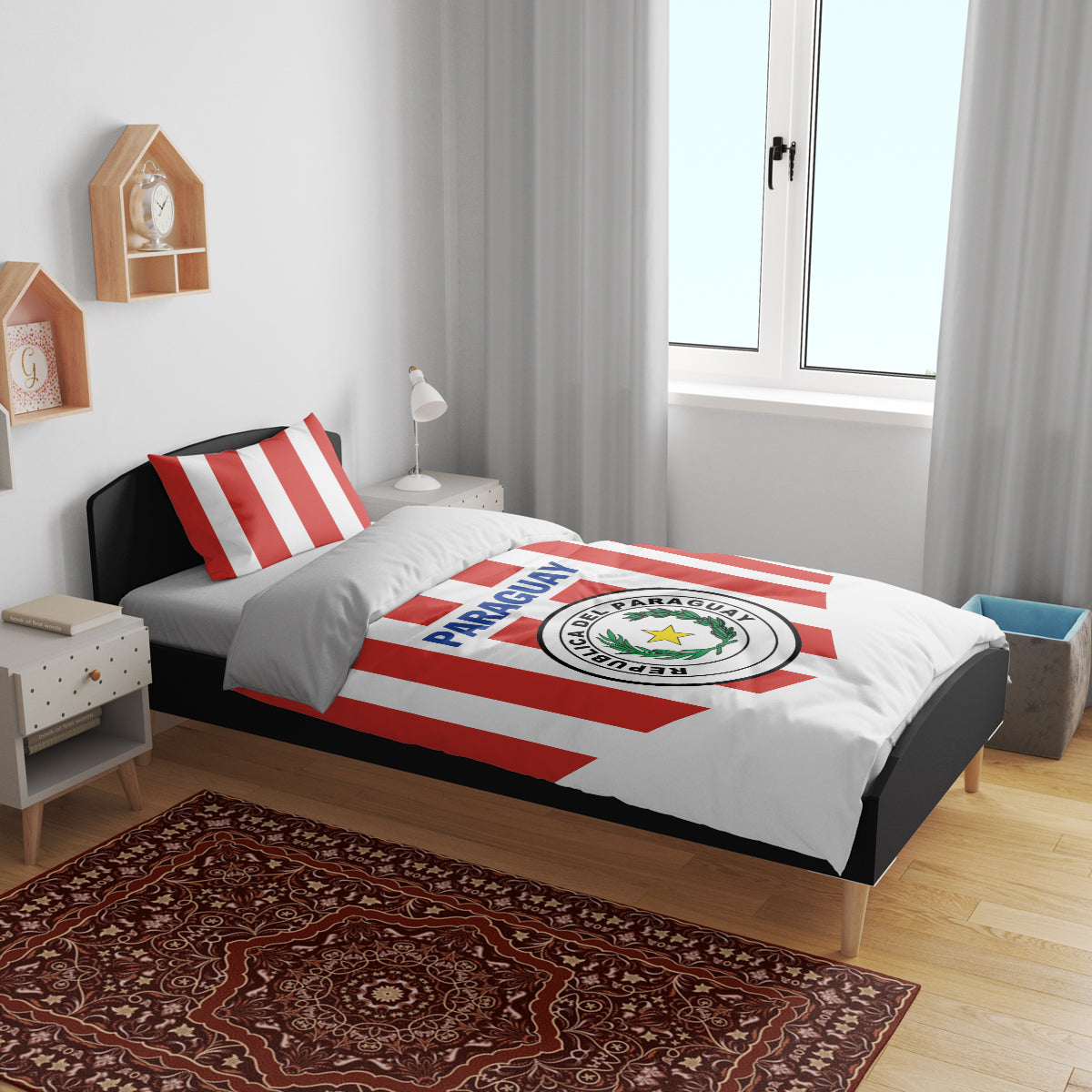 Paraguay 2024 football bedding set with red-and-white striped duvet and matching pillows