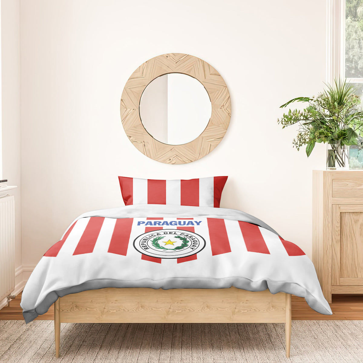 Paraguay 2024 football bedding set on wooden bed with red-white striped duvet and pillows