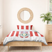 Paraguay 2024 football bedding set on wooden bed with red-white striped duvet and pillows