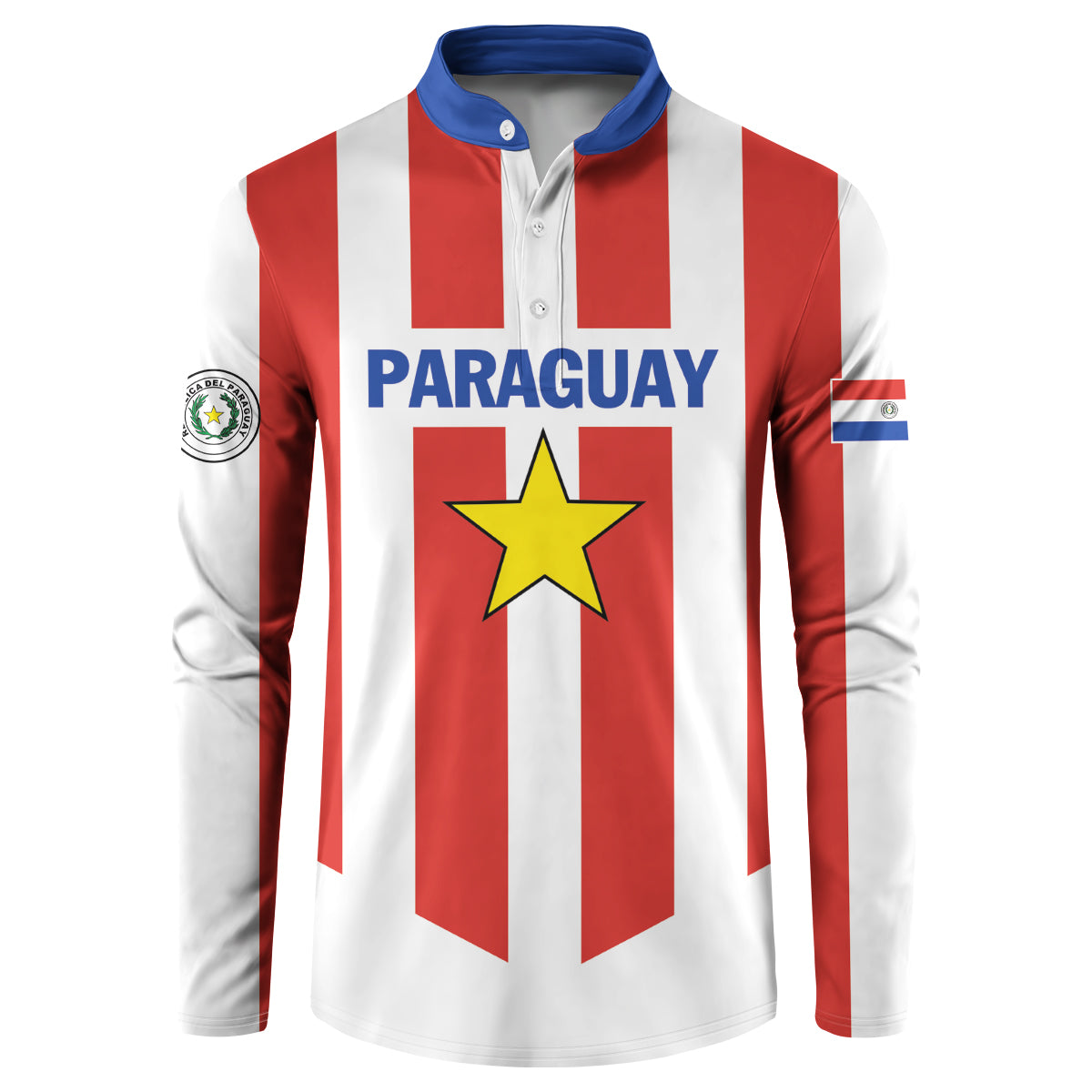 Red and white striped football button sweatshirt with blue collar, Paraguay crest and star