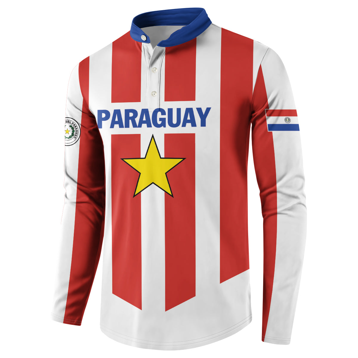 Red and white striped football button sweatshirt with blue collar, Paraguay text and crest