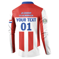 Back of red/white striped football button sweatshirt: ¡A GANAR! LA ALBIRROJA YOUR TEXT 01