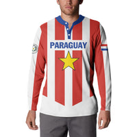 Men's red and white striped football button sweatshirt with blue collar and Paraguay logo